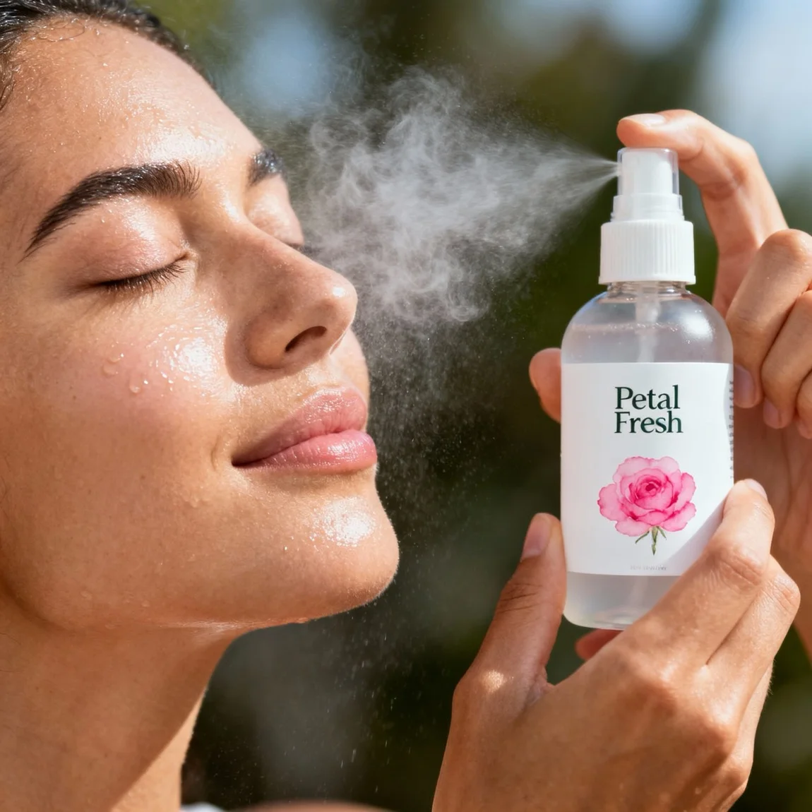 A serene, close-up lifestyle image captures a woman blissfully misting her face with a floral facial spray. - ai product photography