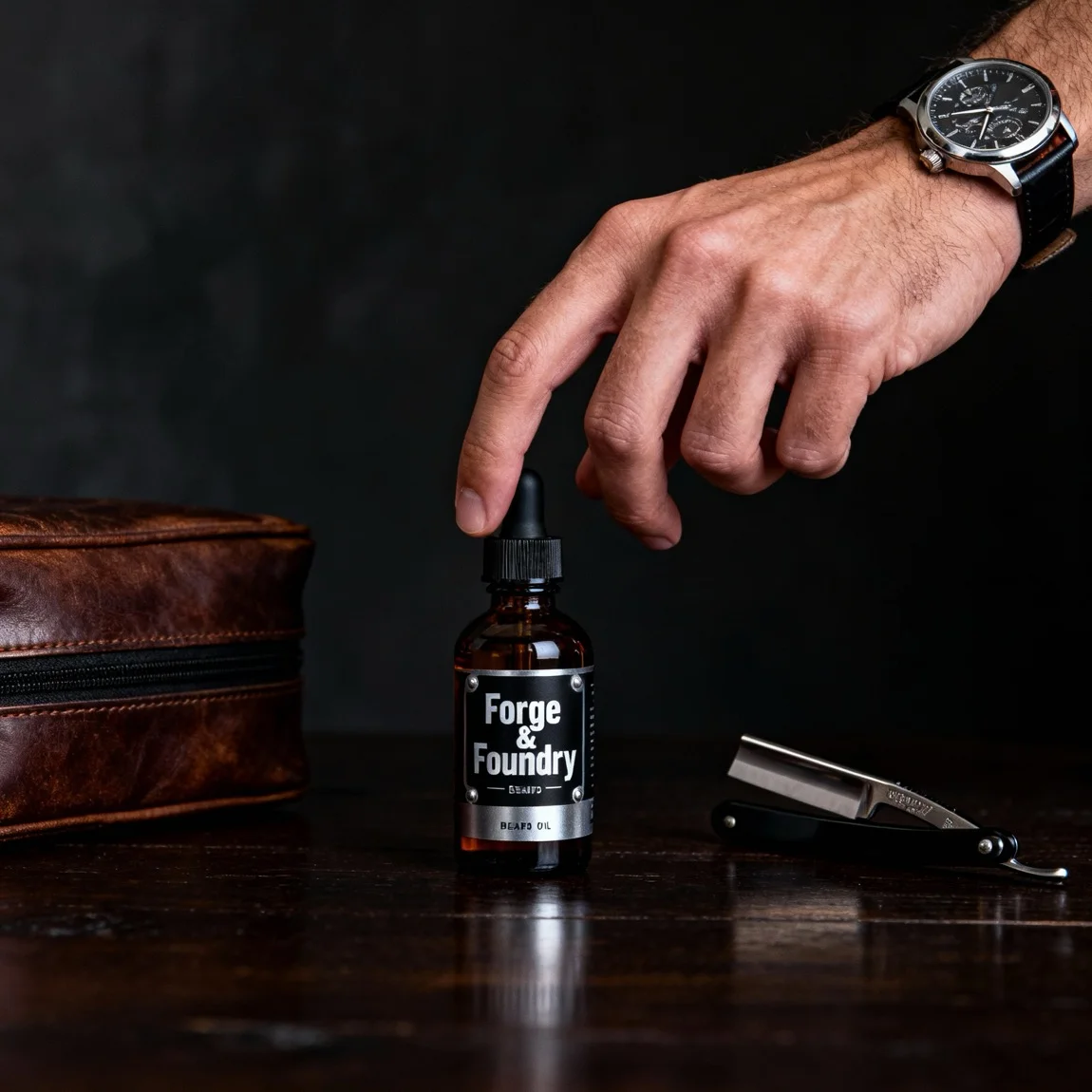 A moody, masculine lifestyle shot features a man's hand reaching for a bottle of beard oil on a dark wood surface. - ai product photography