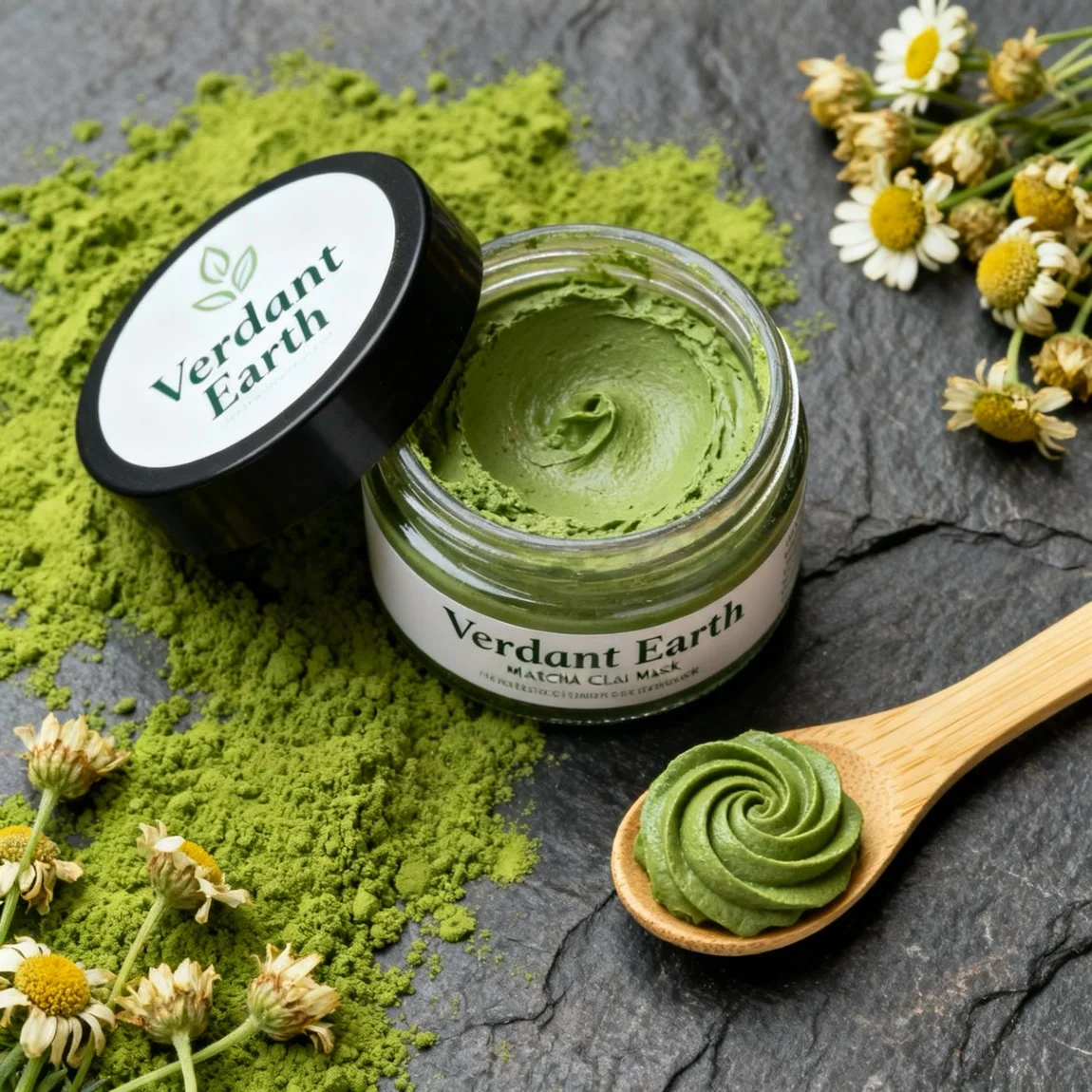 A beautifully arranged top-down flat lay showcases an open jar of a green clay mask alongside its natural ingredients on a slate surface. - ai product photography