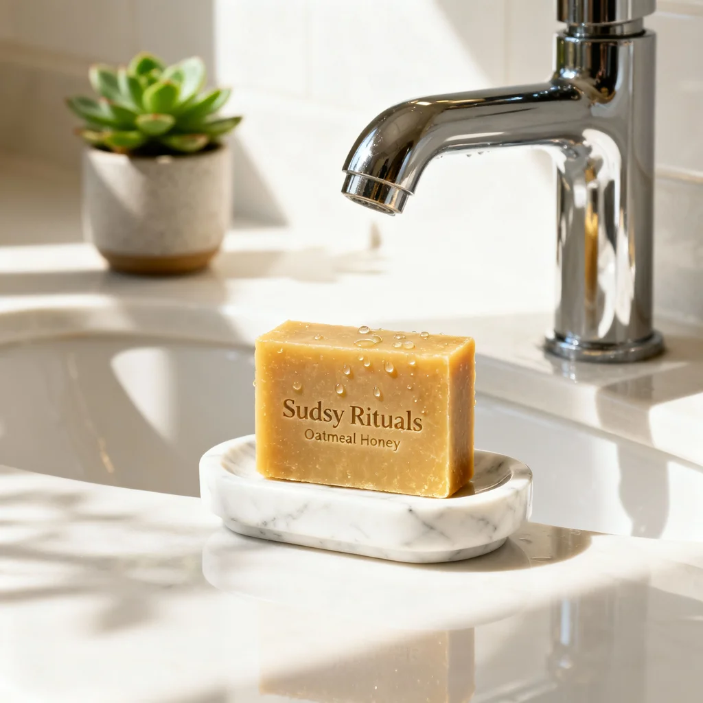 This is a clean, studio-lit product-on-white shot focusing entirely on the soap's texture and branding. - ai product photography
