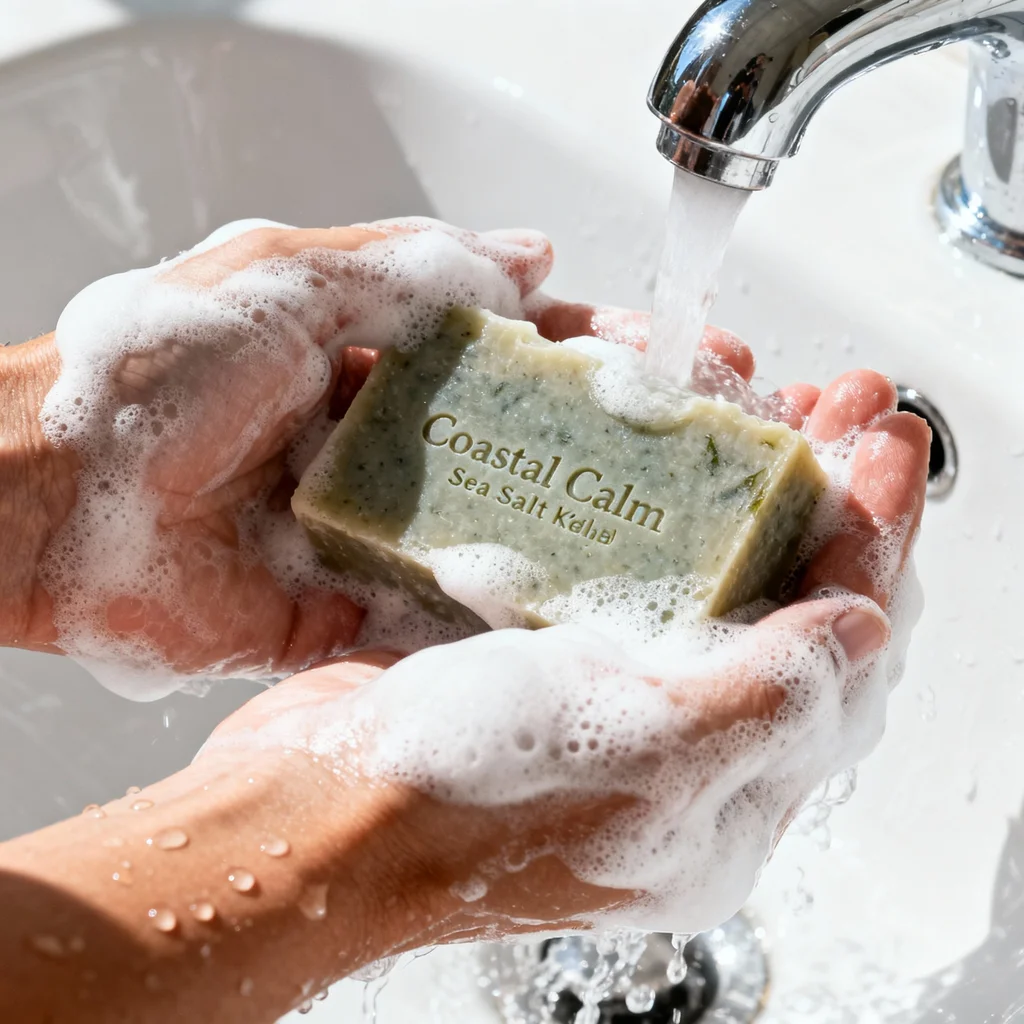 This is a clean, studio-lit product-on-white shot focusing entirely on the soap's texture and branding. - ai product photography