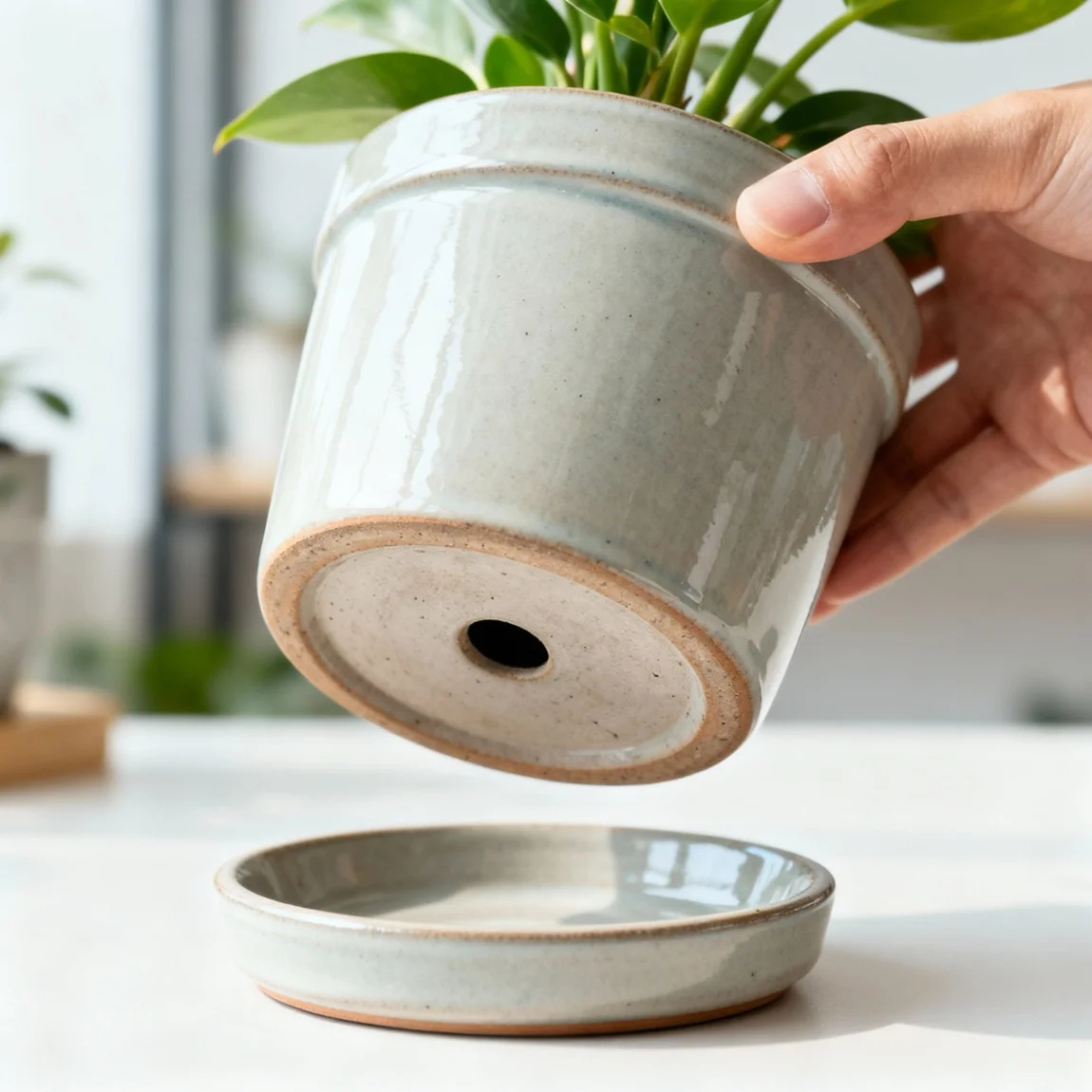 A focused, functional shot that clearly shows the planter's drainage hole and matching saucer. - ai product images for ecommerce