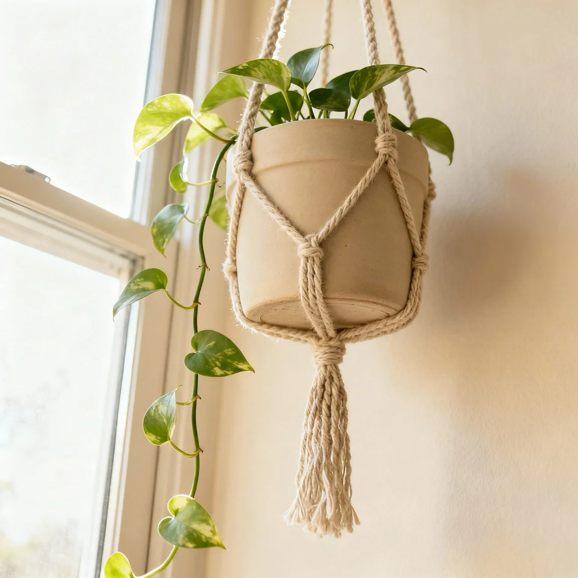 This is a shot of the planter in a hanging macrame holder, showcasing its versatility. - ai etsy product photos