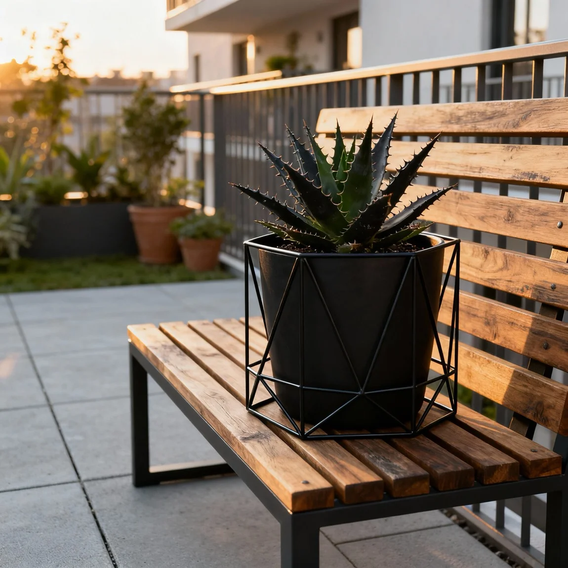 The planter is featured in an outdoor setting on a patio during the golden hour. - ai generated product shot