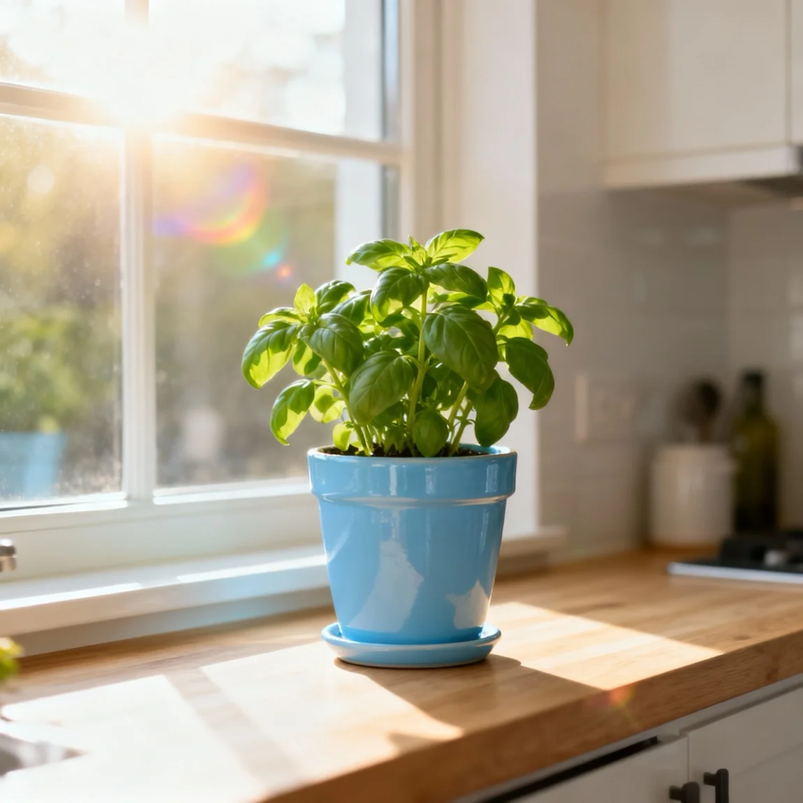 The planter holds a fresh herb plant on a sunny kitchen windowsill. - photoshoot by ai