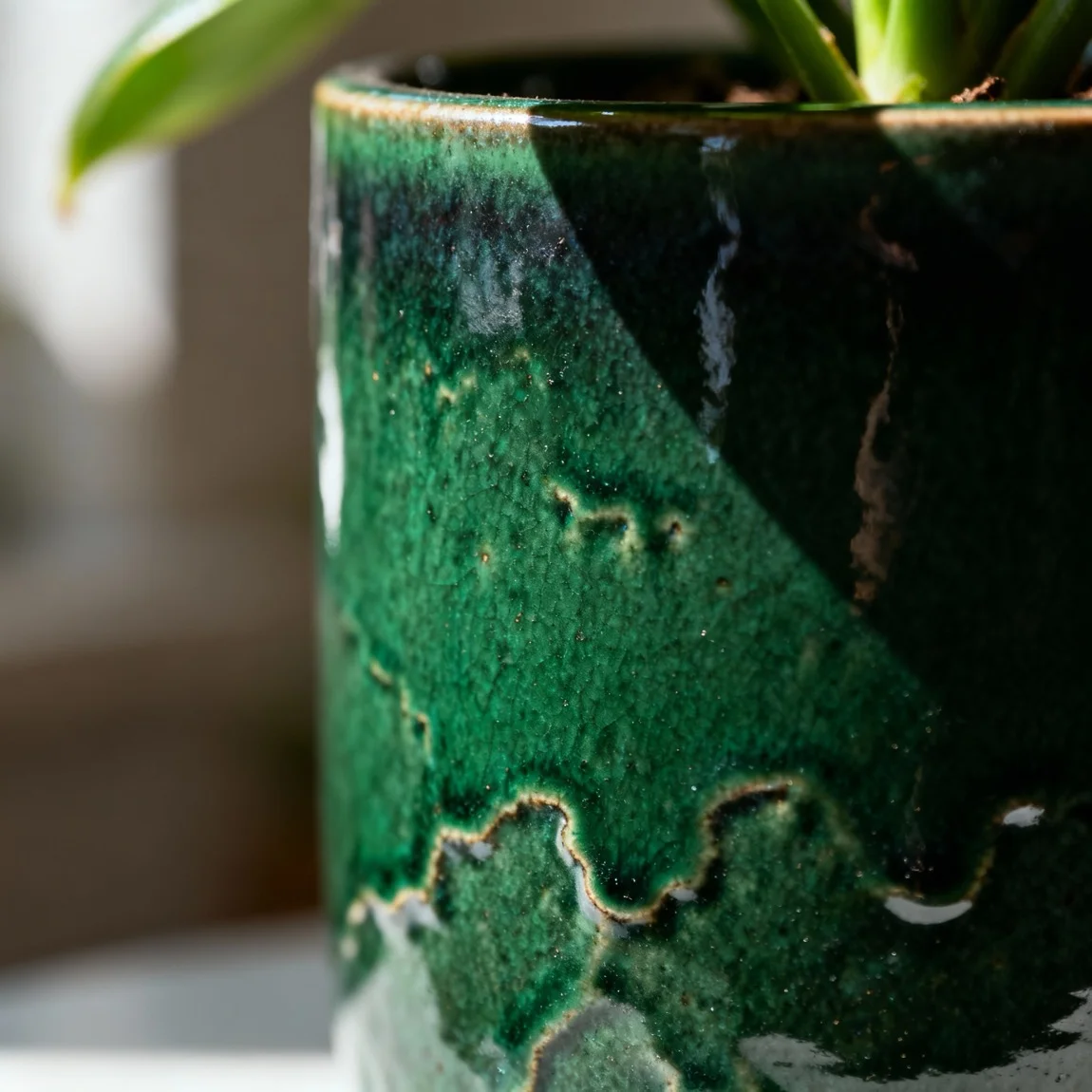 This is a detailed macro shot that focuses on the unique texture and craftsmanship of the planter's surface. | ai product photo