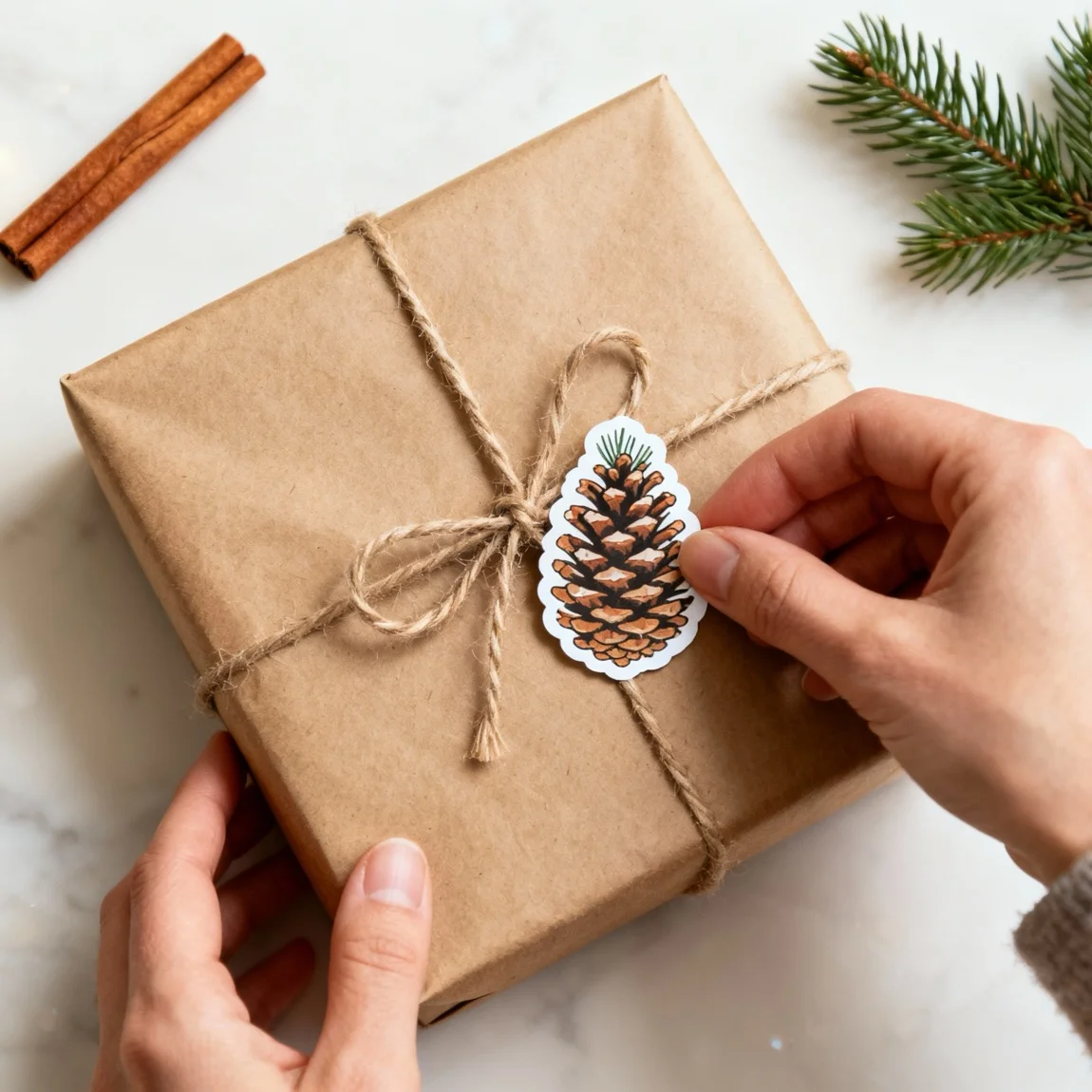 This is a festive flat lay showing the stickers being used to decorate and seal a wrapped gift. - ai etsy product photos
