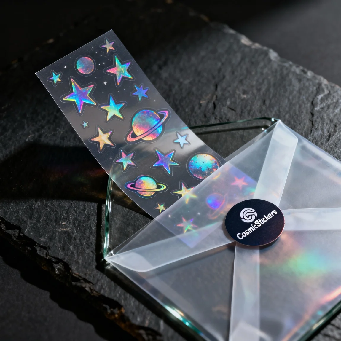This is a dramatic macro shot focused on the premium packaging and the 'unboxing' experience of a holographic sticker sheet. - ai lifestyle product photo