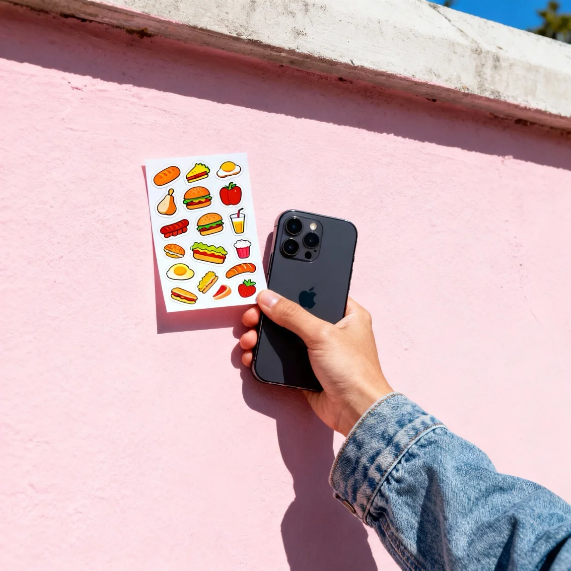 This is a casual, eye-level photo of a person holding the sticker sheet in their hand against a colorful wall. - photoshoot by ai