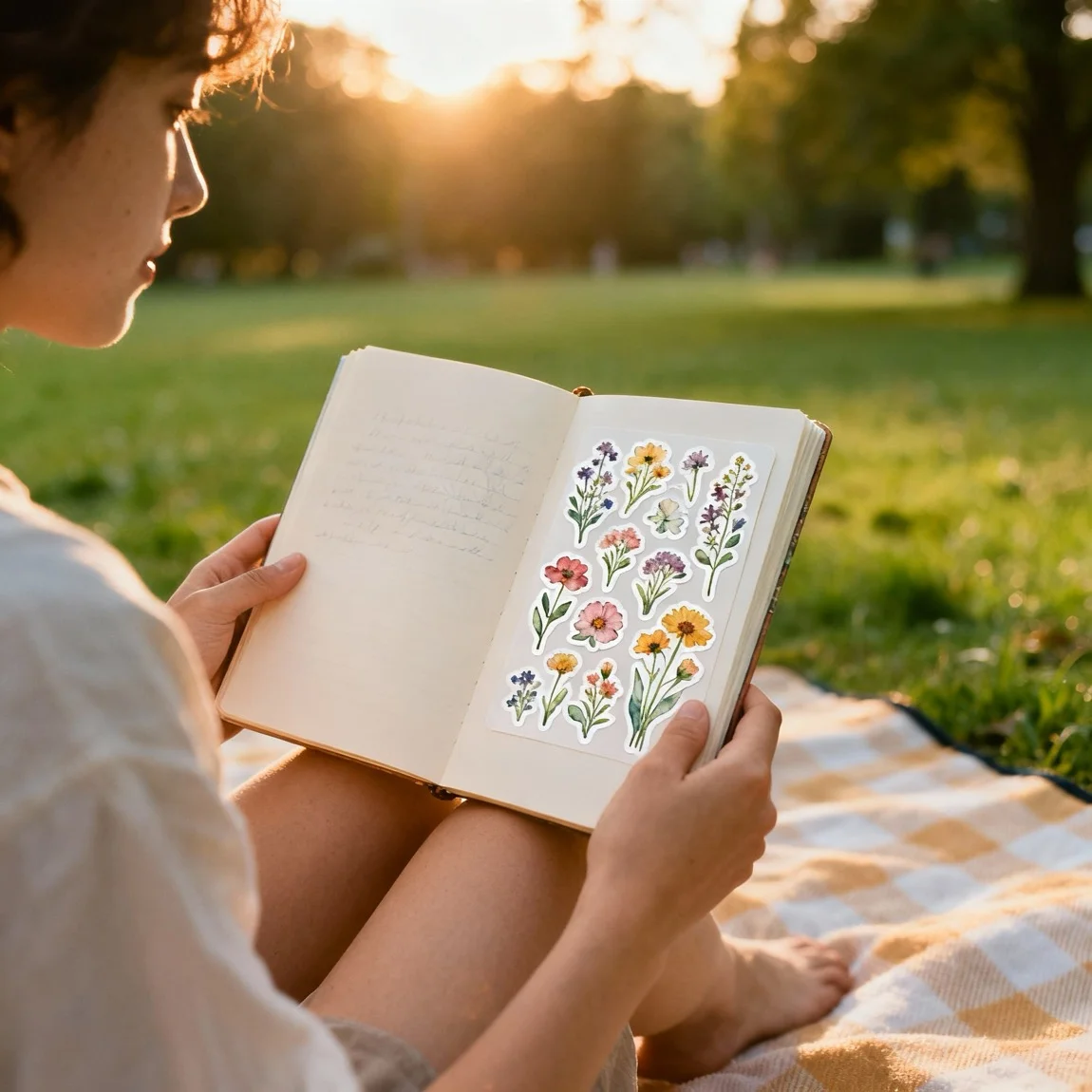 This is an atmospheric lifestyle shot of a person using the stickers in a sketchbook during a golden-hour picnic. - ai ecommerce photos