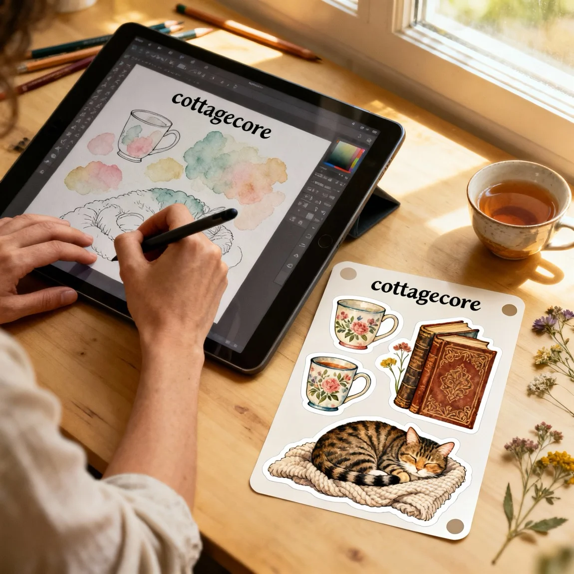 This behind-the-scenes shot connects the digital design process on a tablet to the final, physical sticker sheet product. - ai product images for ecommerce