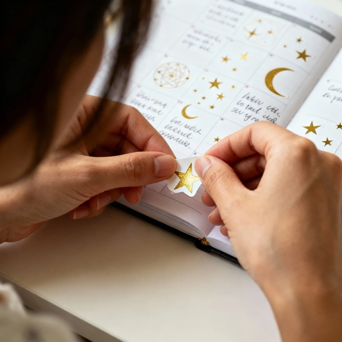 This image is a close-up action shot of a person applying a sticker from the sheet into a planner. | ai product photo