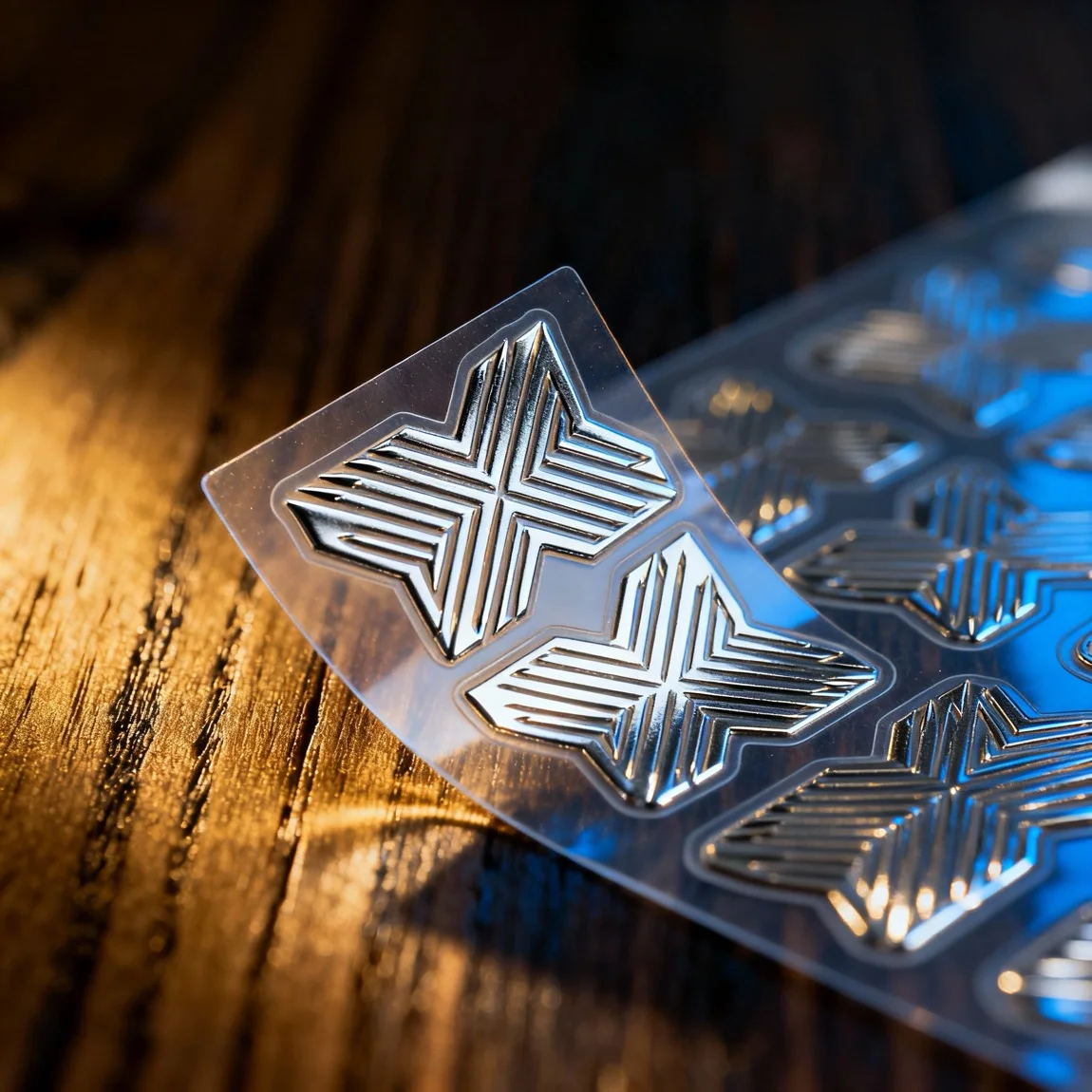 This is an extreme close-up, angled macro shot designed to highlight the metallic, reflective quality of the stickers. - ai product mockup