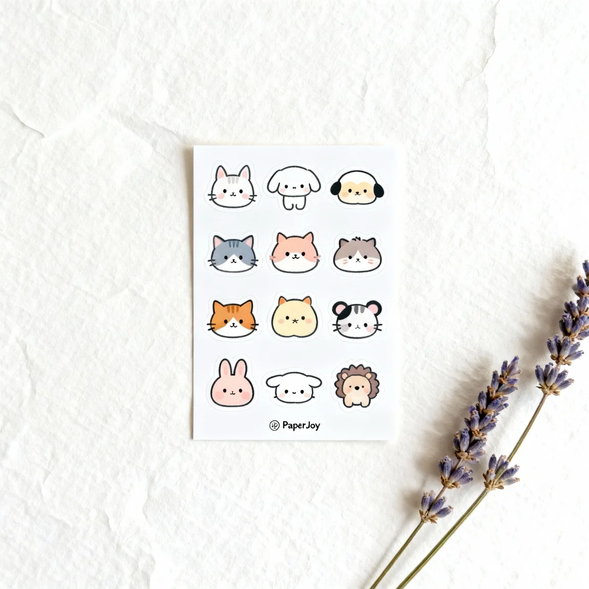 This is a clean, top-down studio shot displaying the sticker sheet in its entirety on a minimalist background. - ai product photography