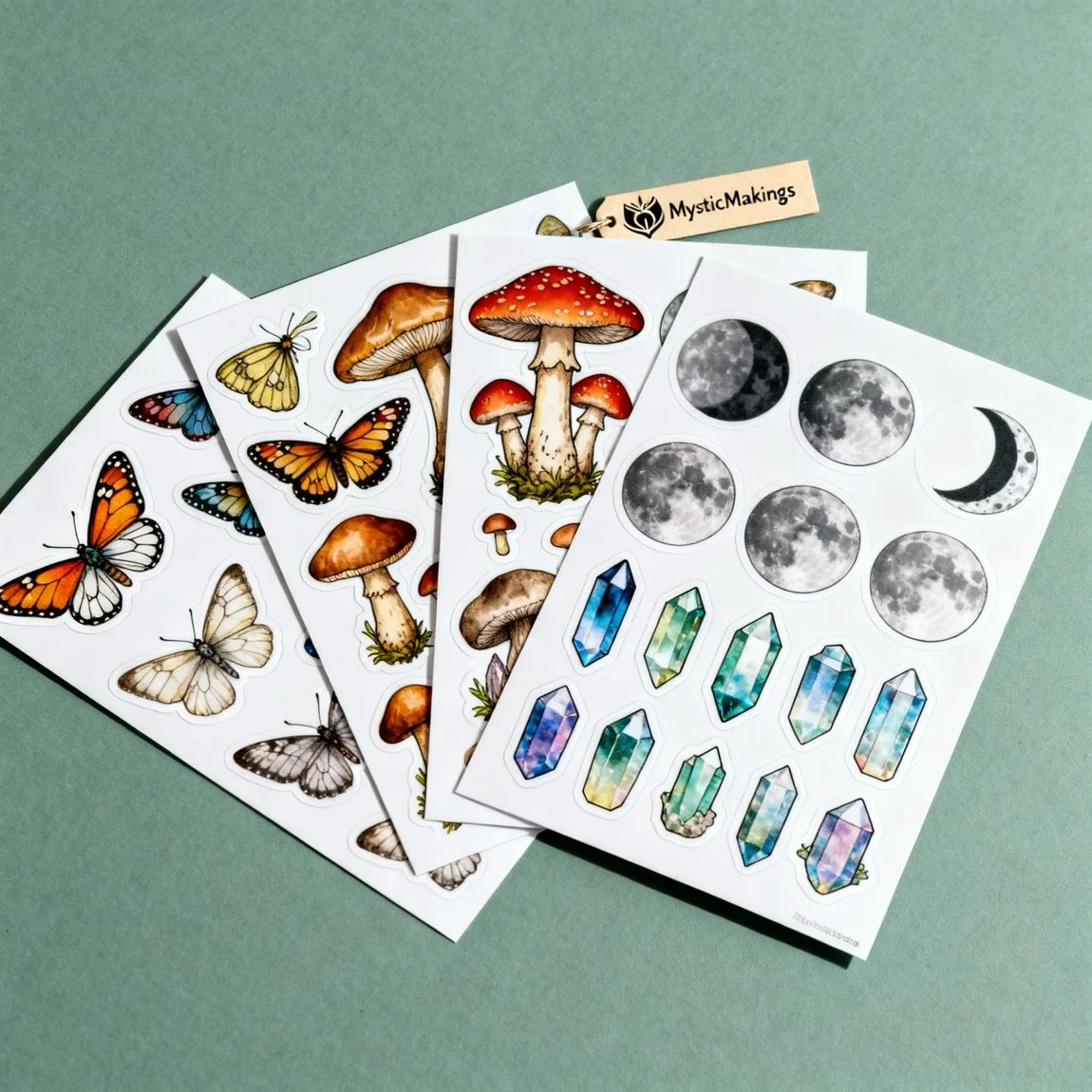 This is an angled shot displaying a bundle of multiple, cohesively themed sticker sheets fanned out. - product photography ai