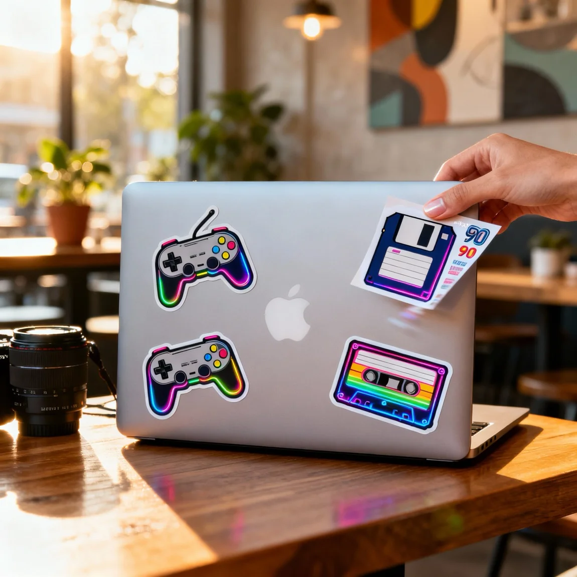 This is a relatable lifestyle image of a laptop decorated with stickers, with the original sheet held in hand nearby. - product photo ai