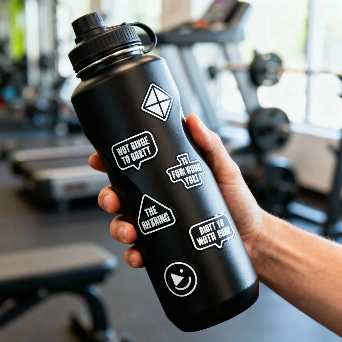 This is a close-up shot highlighting the durability of vinyl stickers on a reusable water bottle in a gym setting. - ai generated product shot